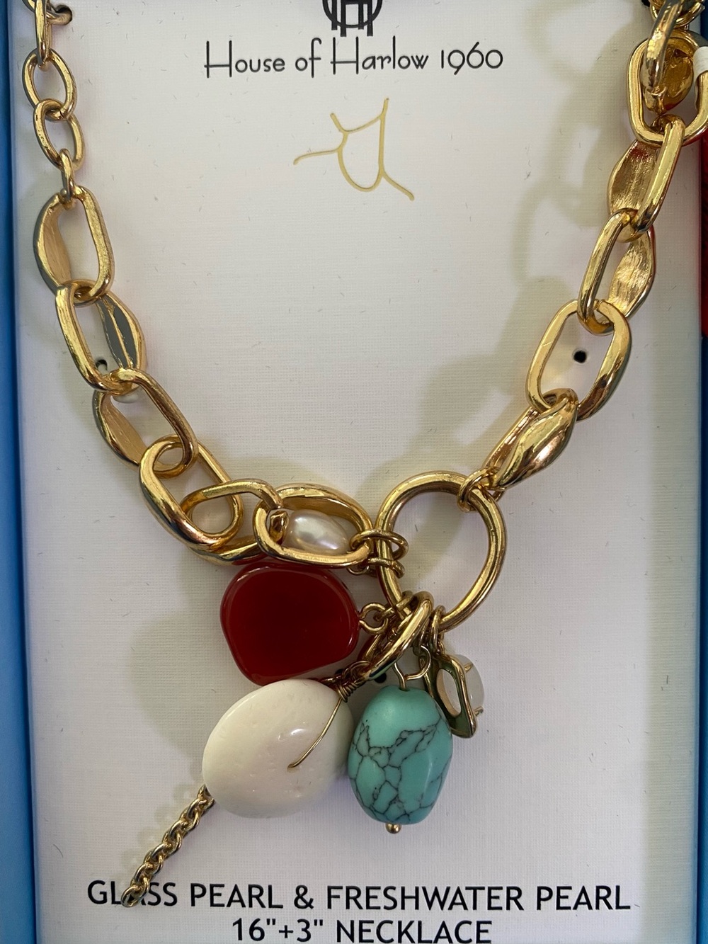 House of Harlow 1960 Gold Chain Necklace with Red, White & Turquoise Charms